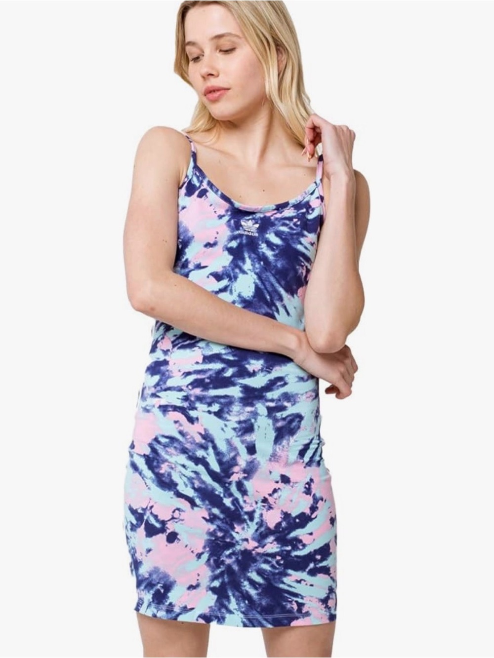 adidas Tie-Dye Spaghetti Strap Mini Dress in Blue & Pink - Picture 3 of 8